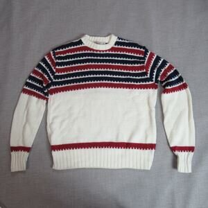 Vintage New Territories Sweater Men XL Cream Striped Knit Grandpa 80s USA Made